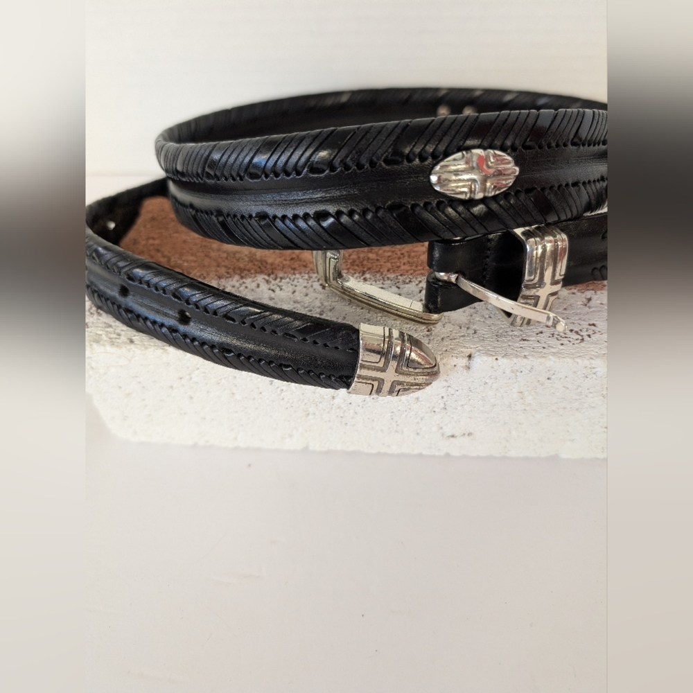 Western  Black Leather Belt  Silver Concho Accents Size 46 Inches